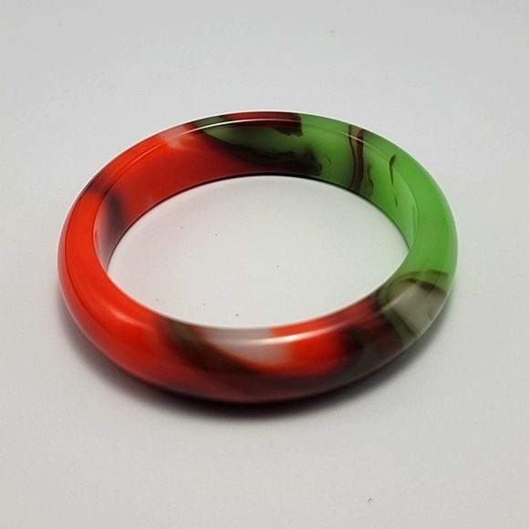 VTG Inspired Abstract Jade Bangle Chicken Blood Red & Golden Silk Glass Bracelet - Picture 10 of 11